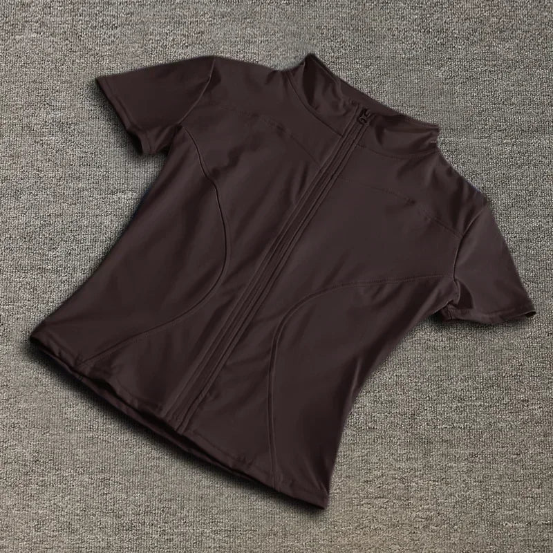 Summer High Quality Waist Slimming Training Tops Women's Quick-drying Tight Stand Collar Full Zipper Short Sleeves Yoga shirts - Grace Beauty H&C 