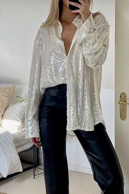 Sequin Button Up Long Sleeve Shirt - Grace Beauty H&C 