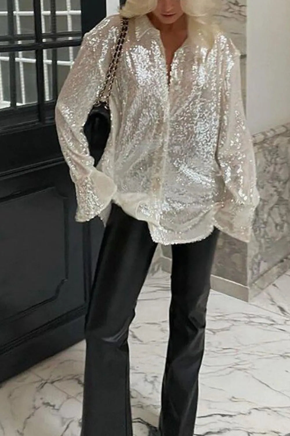 Sequin Button Up Long Sleeve Shirt - Grace Beauty H&C 