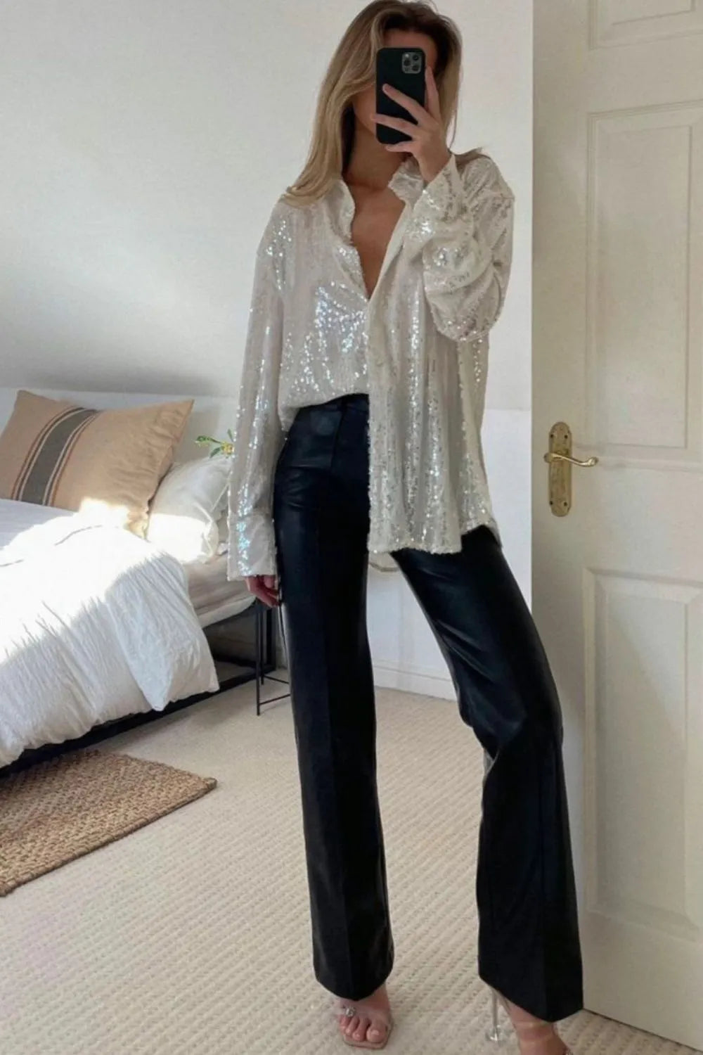 Sequin Button Up Long Sleeve Shirt - Grace Beauty H&C 