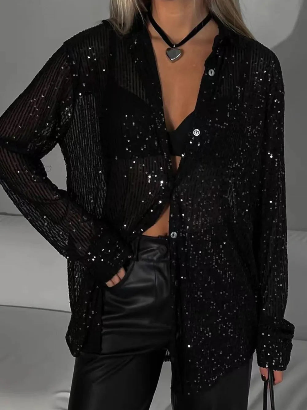 Sequin Button Up Long Sleeve Shirt - Grace Beauty H&C 