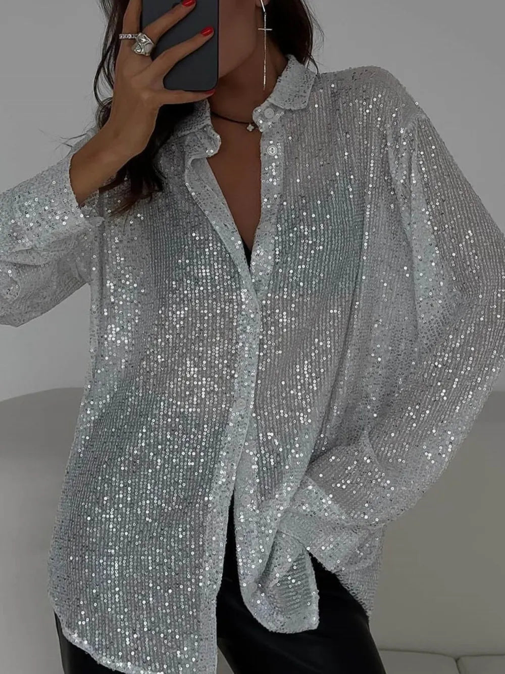 Sequin Button Up Long Sleeve Shirt - Grace Beauty H&C 