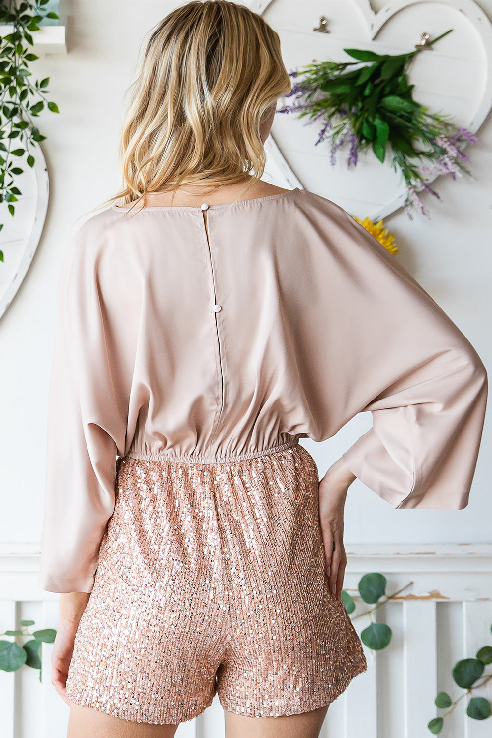 Sequin Drawstring Waist Dolman Sleeve Romper - Grace Beauty H&C 