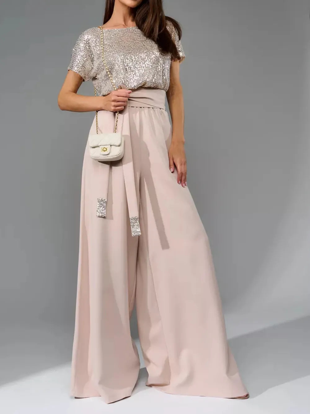 Sequin Round Neck Wide Leg Jumpsuit - Grace Beauty H&C 