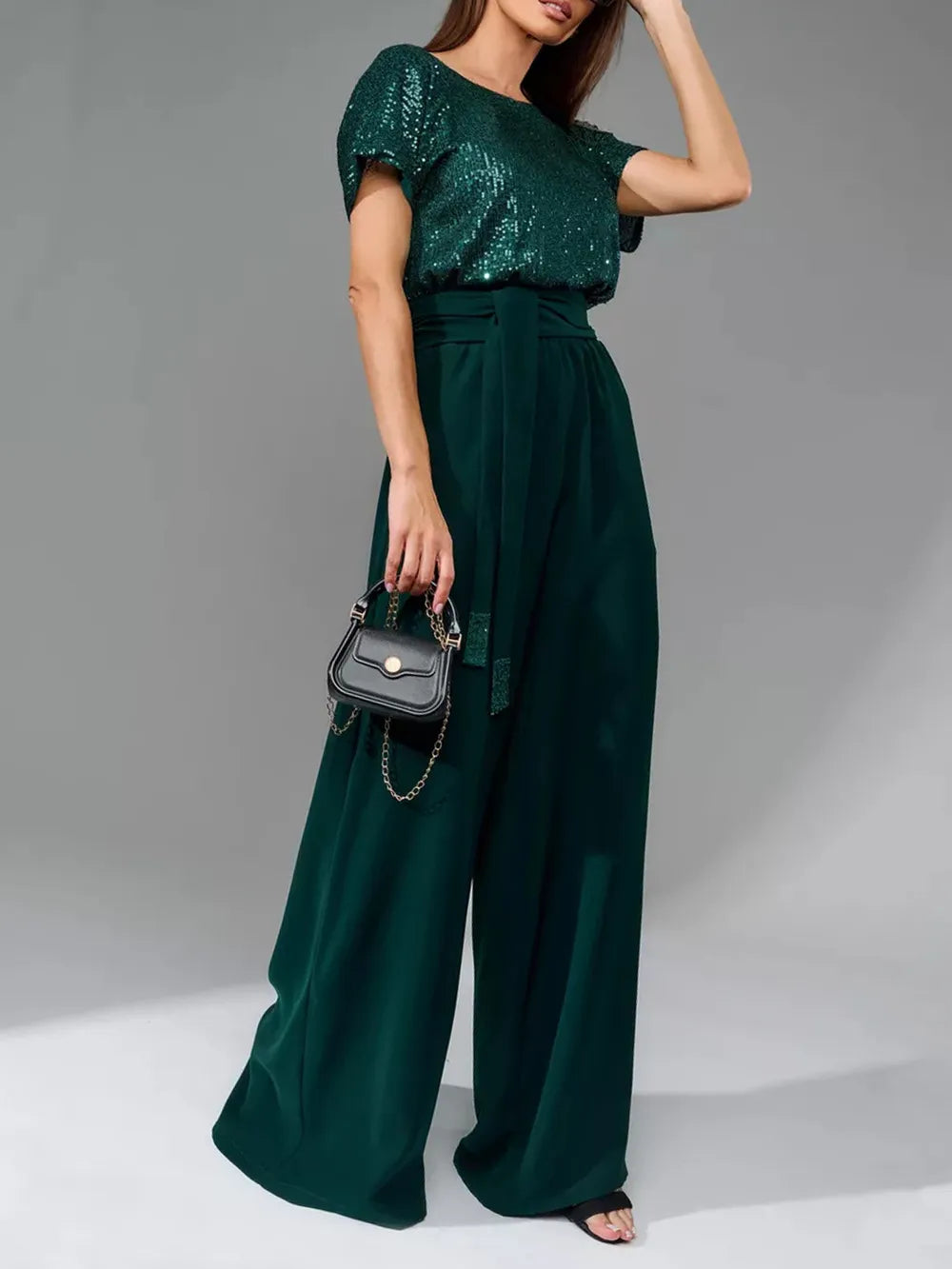 Sequin Round Neck Wide Leg Jumpsuit - Grace Beauty H&C 