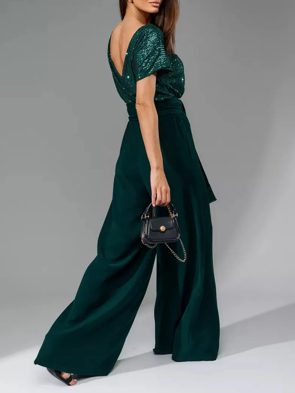 Sequin Round Neck Wide Leg Jumpsuit - Grace Beauty H&C 