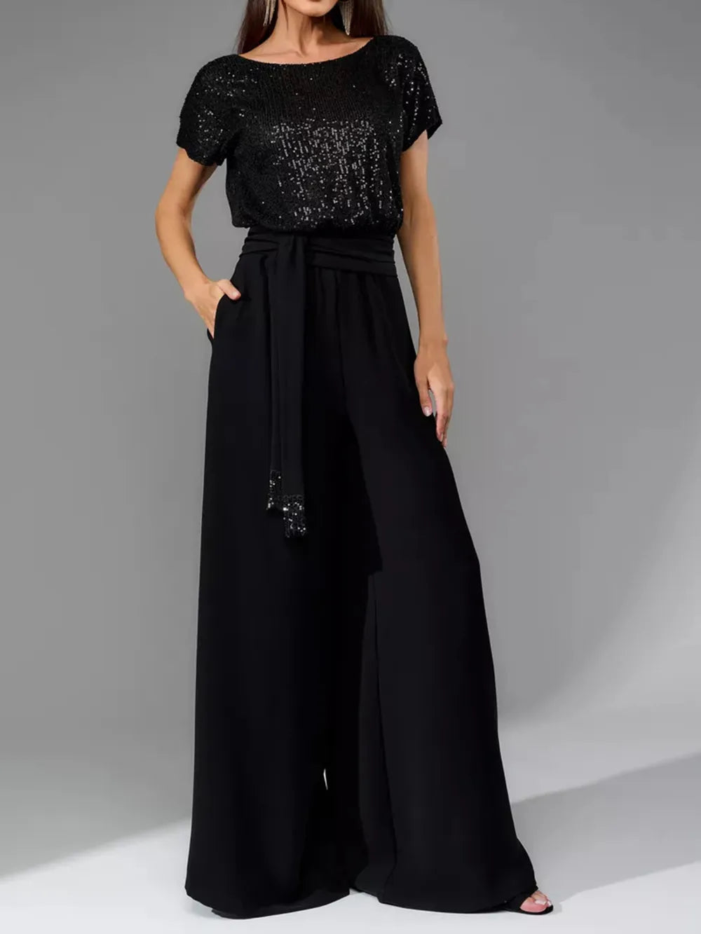 Sequin Round Neck Wide Leg Jumpsuit - Grace Beauty H&C 