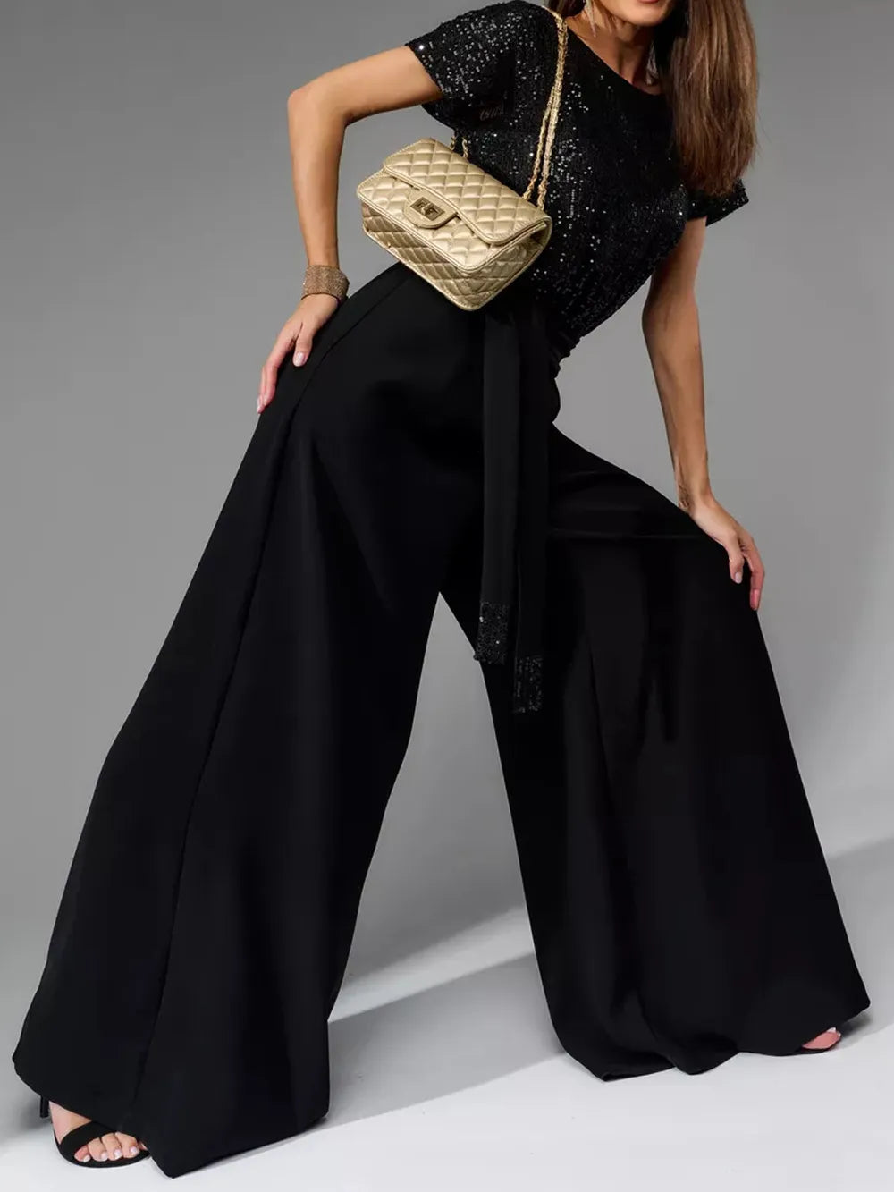 Sequin Round Neck Wide Leg Jumpsuit - Grace Beauty H&C 