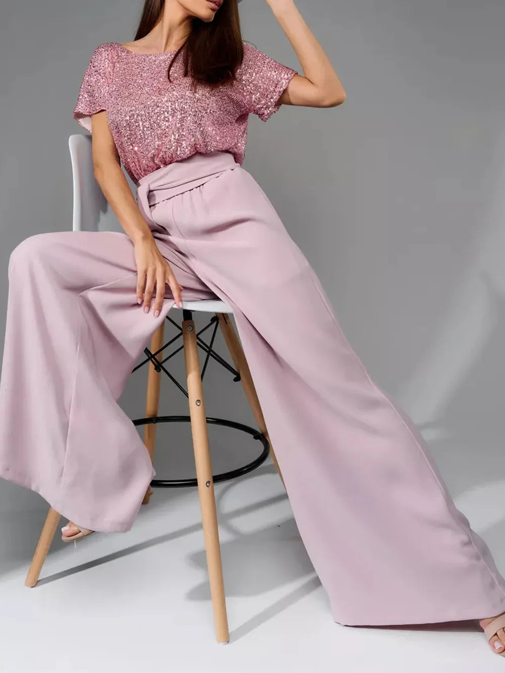 Sequin Round Neck Wide Leg Jumpsuit - Grace Beauty H&C 