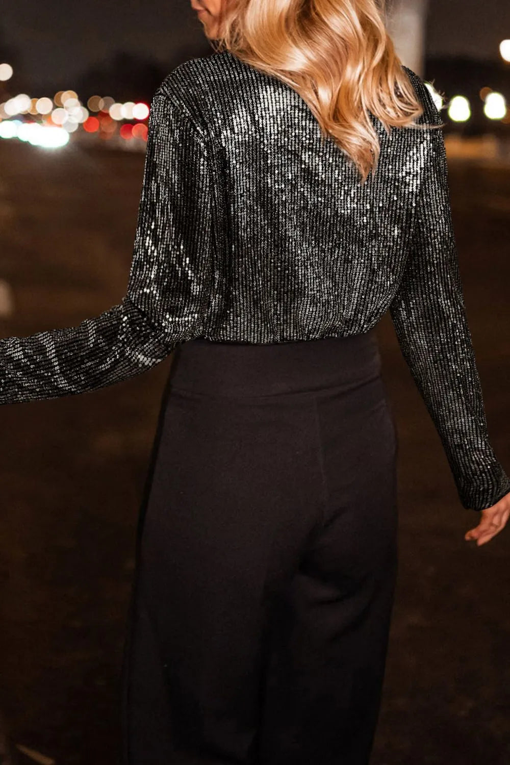 Sequin Surplice Long Sleeve Bodysuit - Grace Beauty H&C 