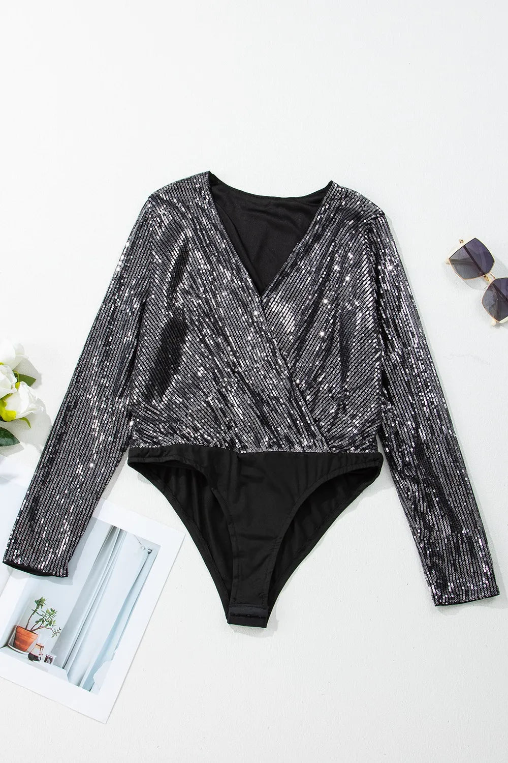 Sequin Surplice Long Sleeve Bodysuit - Grace Beauty H&C 