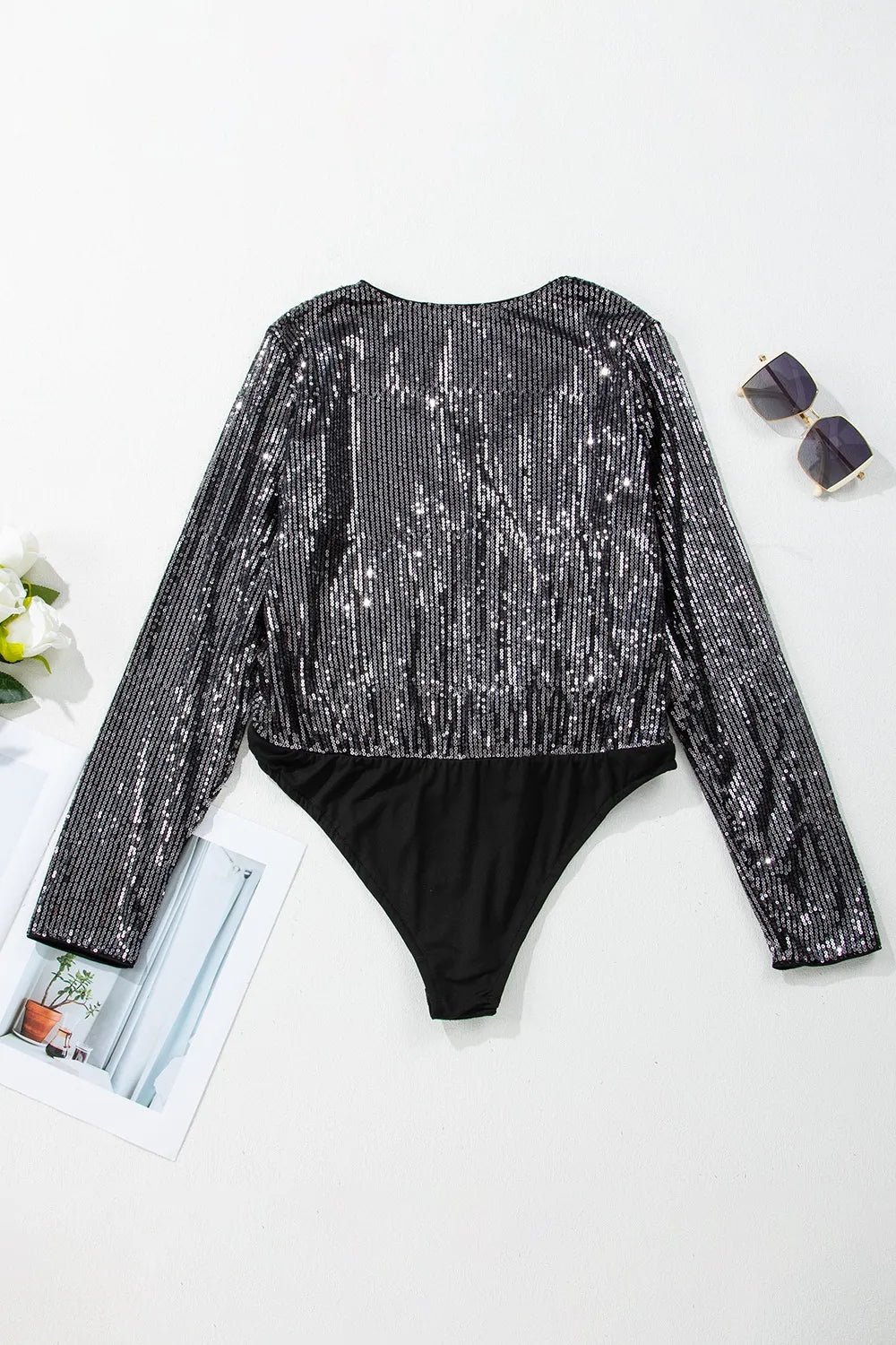 Sequin Surplice Long Sleeve Bodysuit - Grace Beauty H&C 