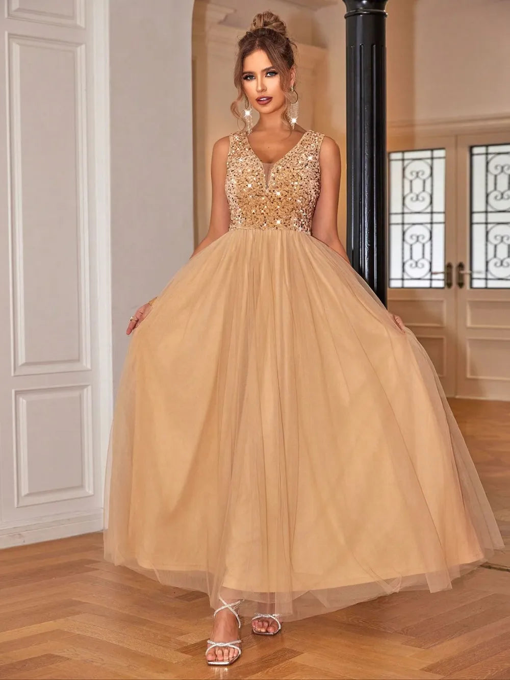 Sequin V-Neck Sleeveless Dress - Grace Beauty H&C 
