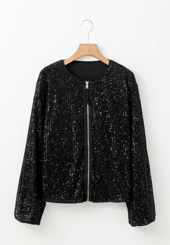 Sequin Zip Up Long Sleeve Jacket - Grace Beauty H&C 
