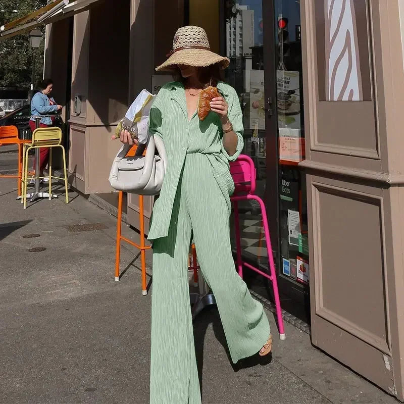 Shirt Tops and Wide Leg Pants Elegant set - Grace Beauty H&C 