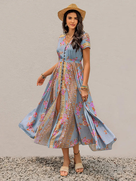 Smocked Floral V-Neck Midi Dress - Grace Beauty H&C 