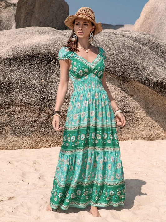 Smocked Printed V-Neck Dress - Grace Beauty H&C 