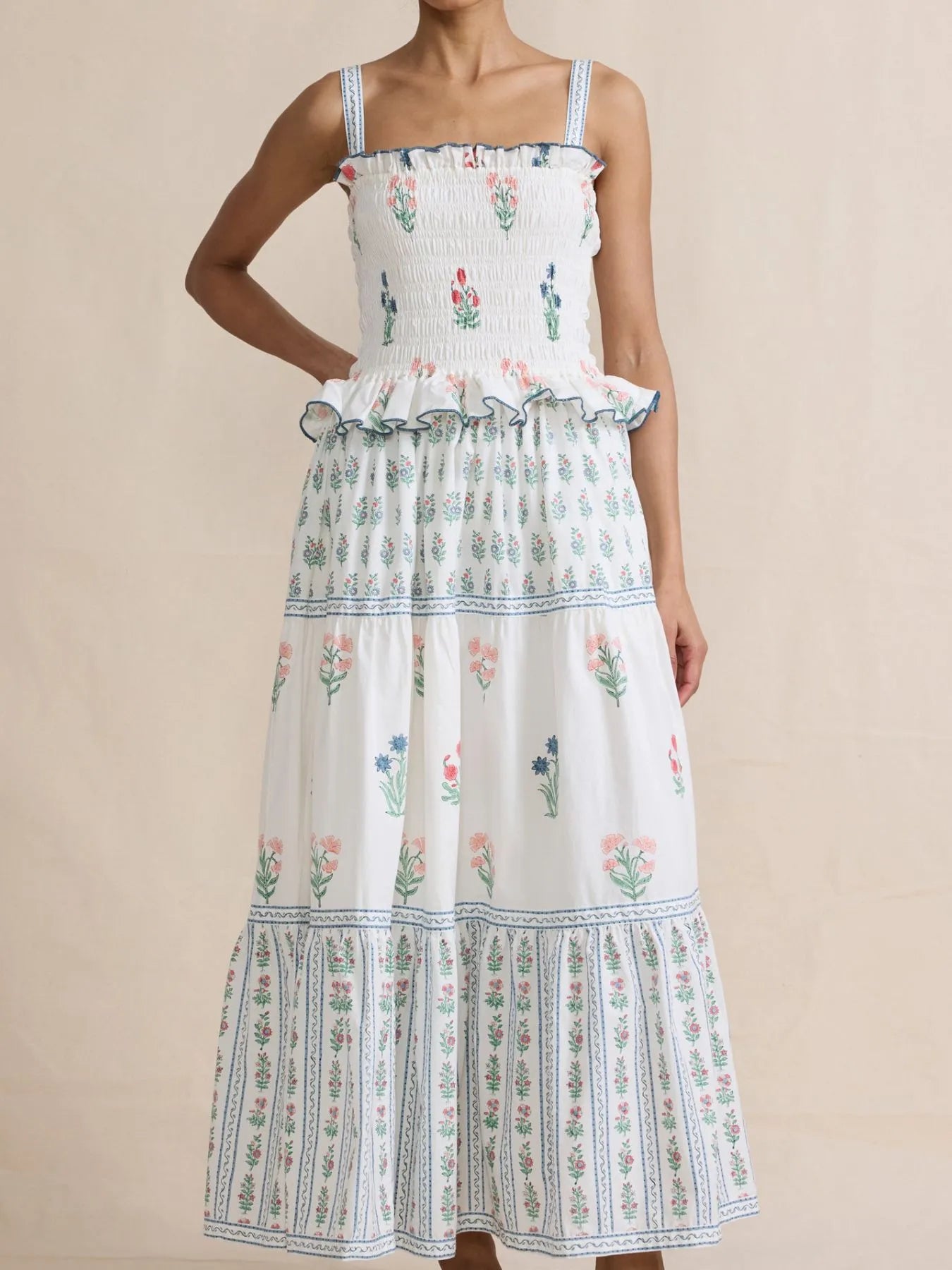 Smocked Ruffled Square Neck Maxi Dress - Grace Beauty H&C 