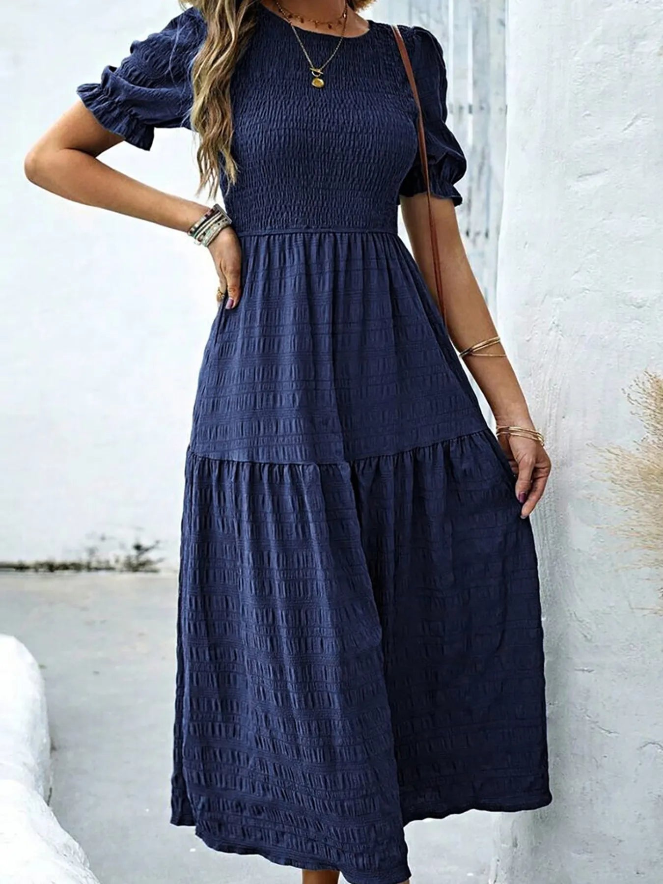 Smocked Short Sleeve Midi Dress - Grace Beauty H&C 