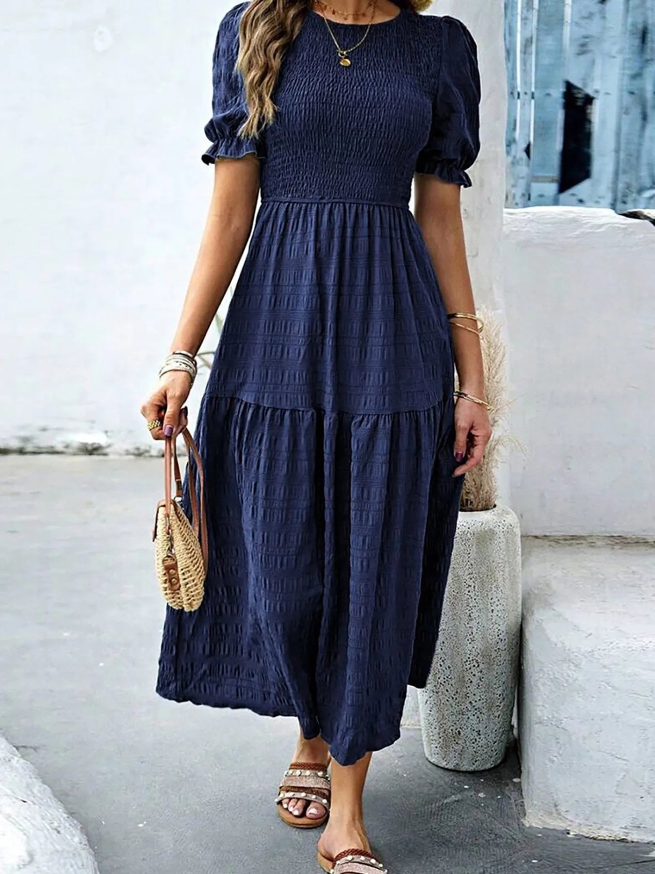 Smocked Short Sleeve Midi Dress - Grace Beauty H&C 
