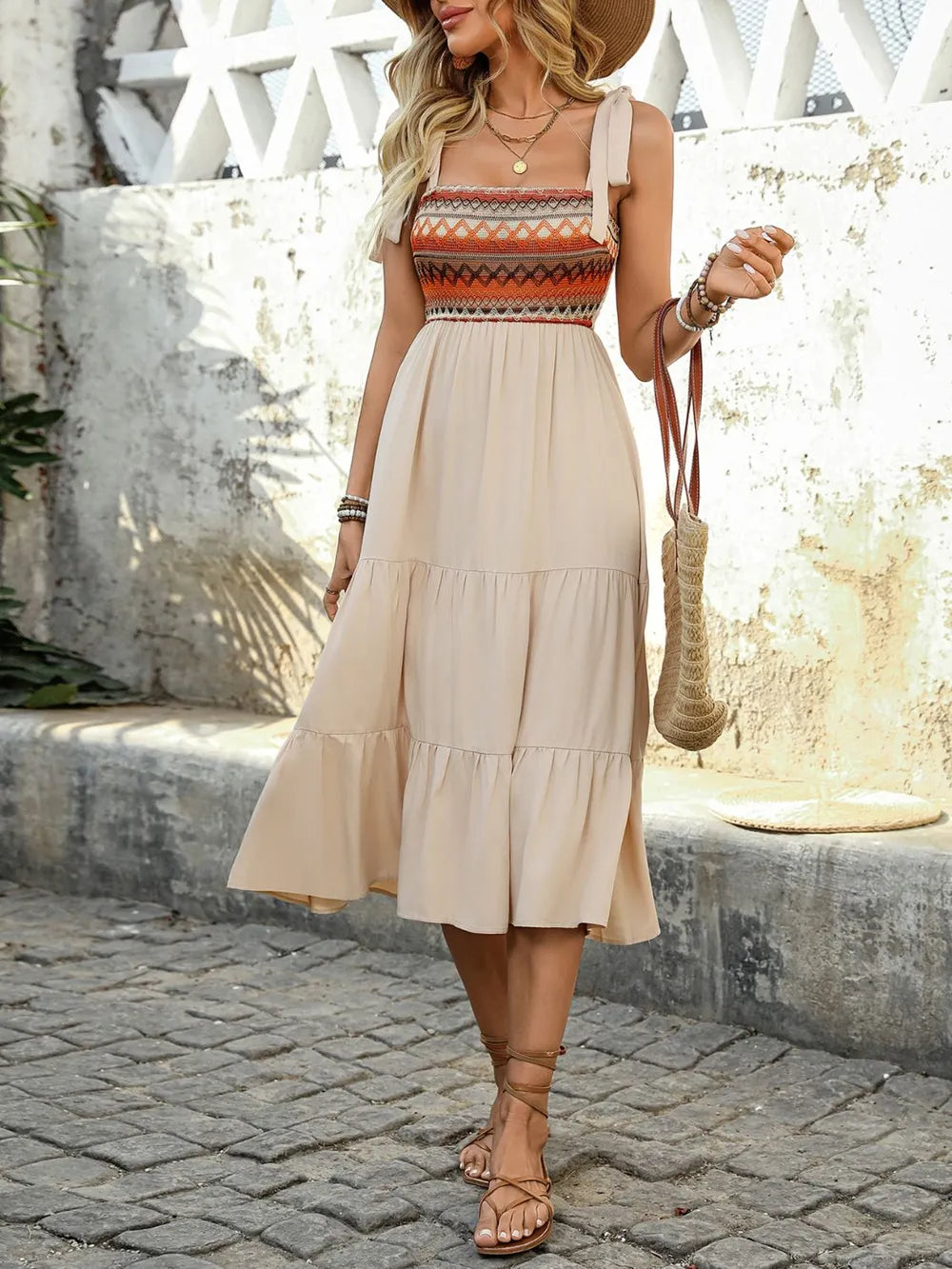 Smocked Tiered Midi Cami Dress – Tied Strap Summer Dress by Perfee - Grace Beauty H&C 