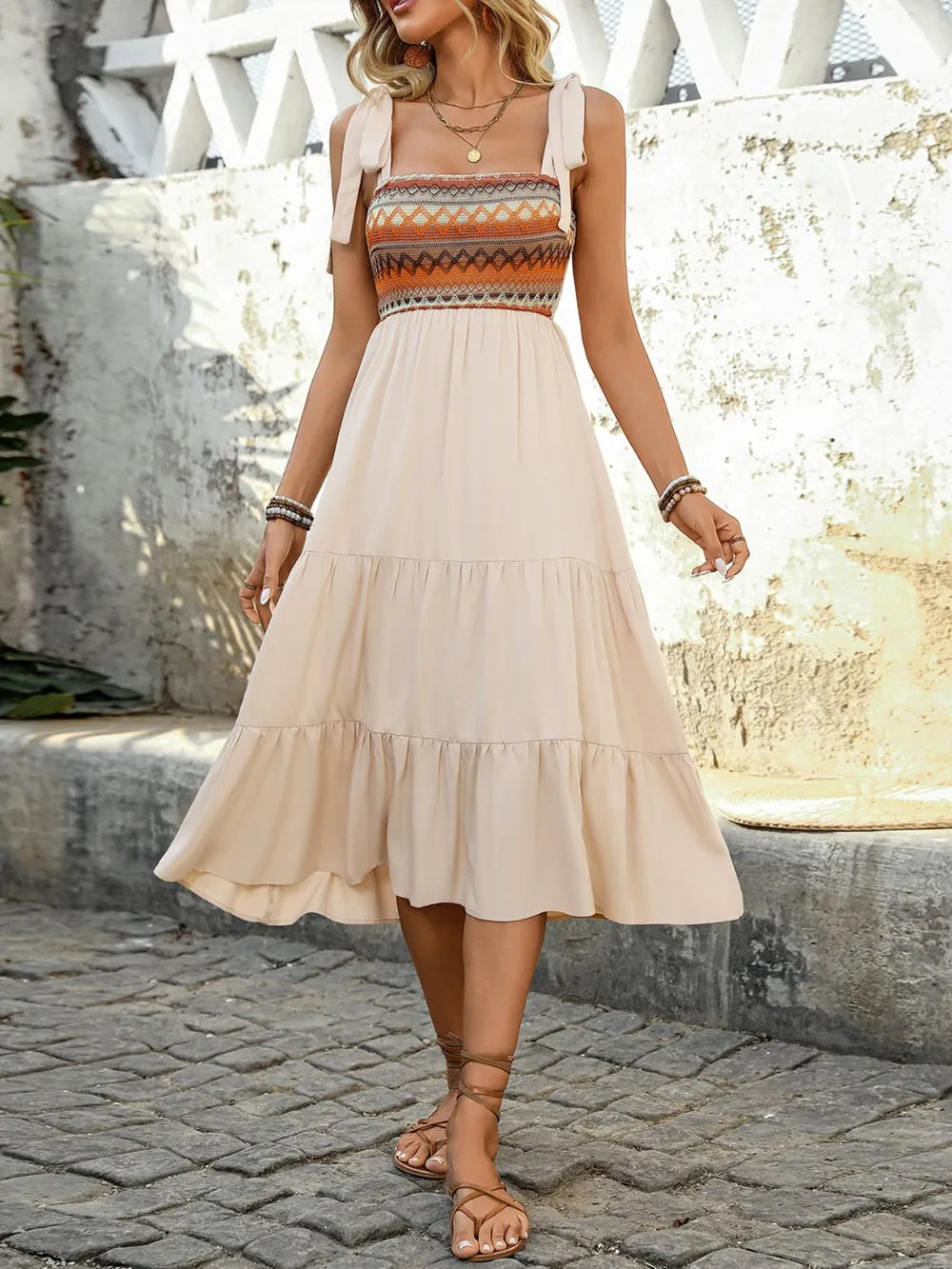 Smocked Tiered Midi Cami Dress – Tied Strap Summer Dress by Perfee - Grace Beauty H&C 