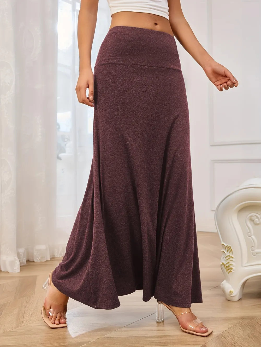 Solid Elastic Waist Maxi Skirt - Grace Beauty H&C 