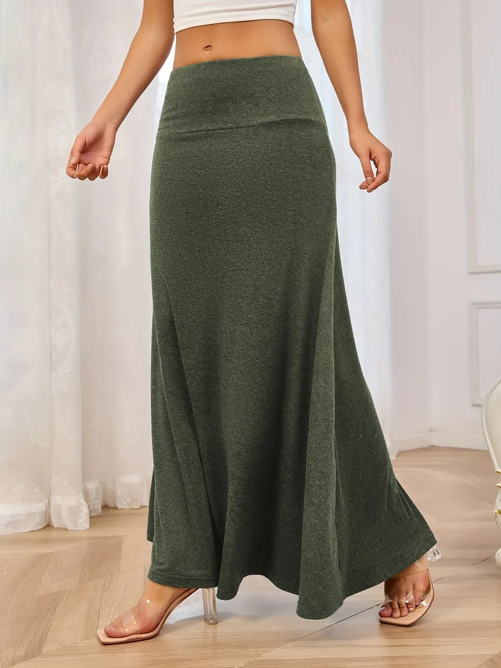 Solid Elastic Waist Maxi Skirt - Grace Beauty H&C 