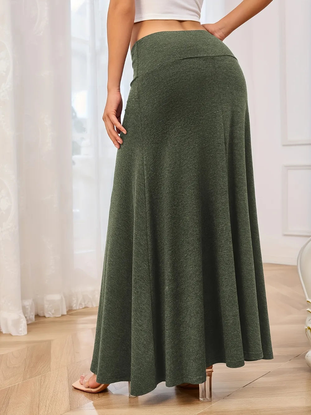 Solid Elastic Waist Maxi Skirt - Grace Beauty H&C 