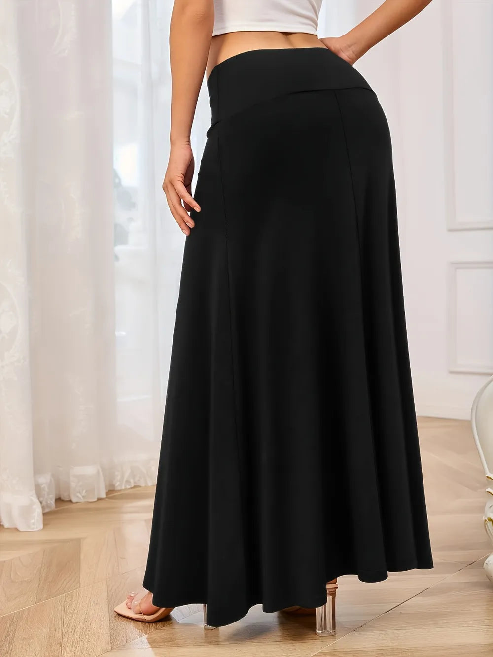 Solid Elastic Waist Maxi Skirt - Grace Beauty H&C 