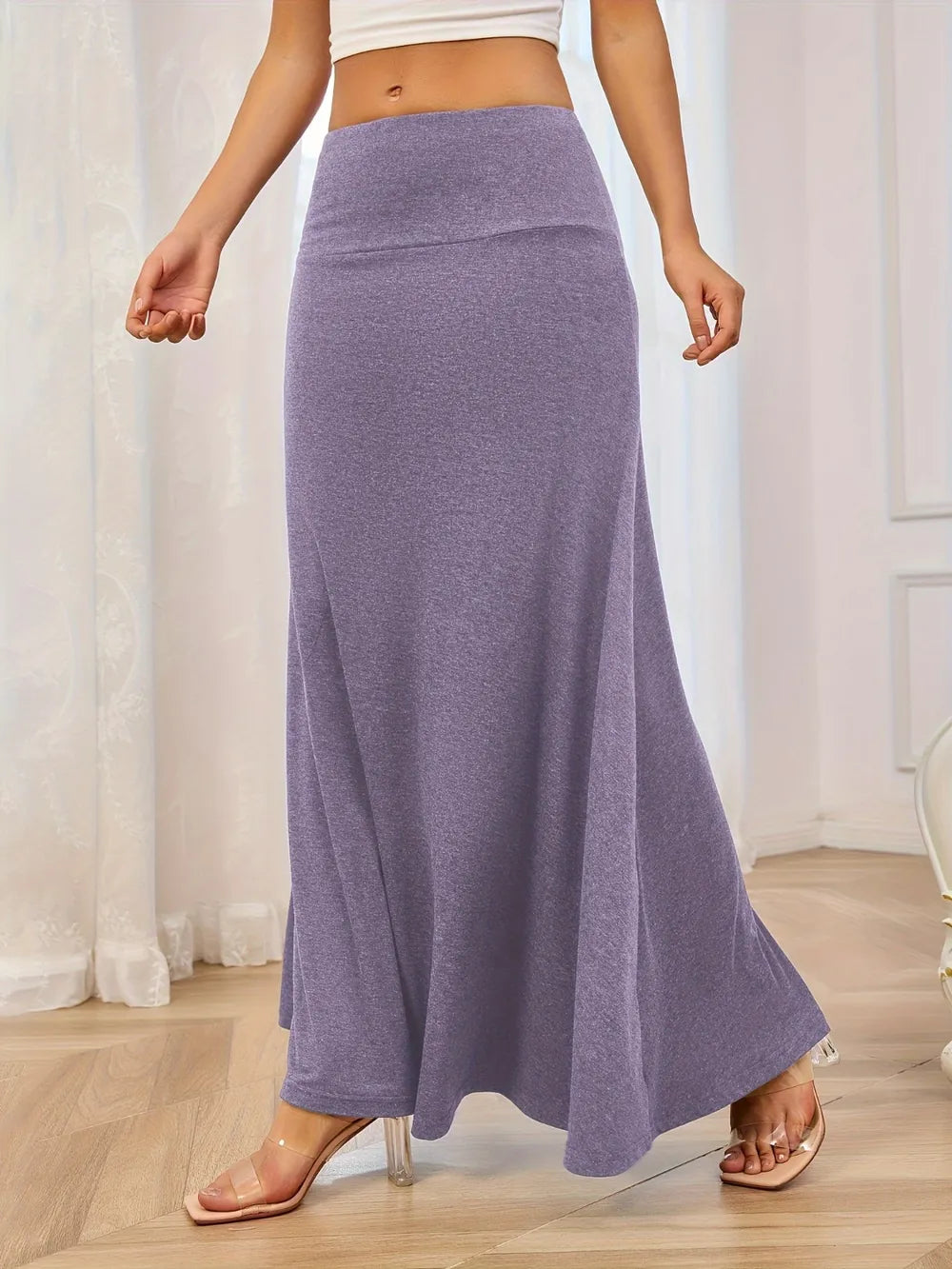 Solid Elastic Waist Maxi Skirt - Grace Beauty H&C 