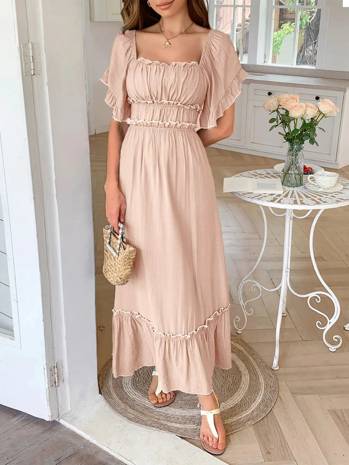 Square Neck Puff Sleeve Ruffle Trim Maxi Dress - Grace Beauty H&C 