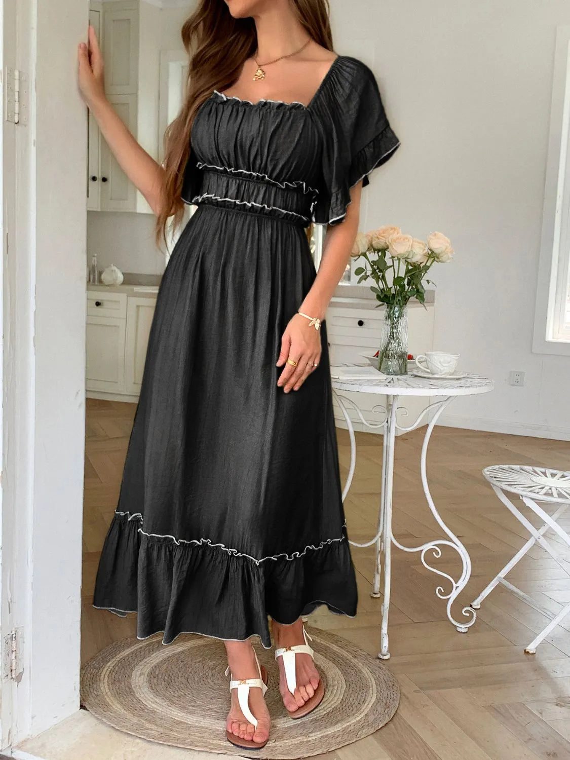 Square Neck Puff Sleeve Ruffle Trim Maxi Dress - Grace Beauty H&C 
