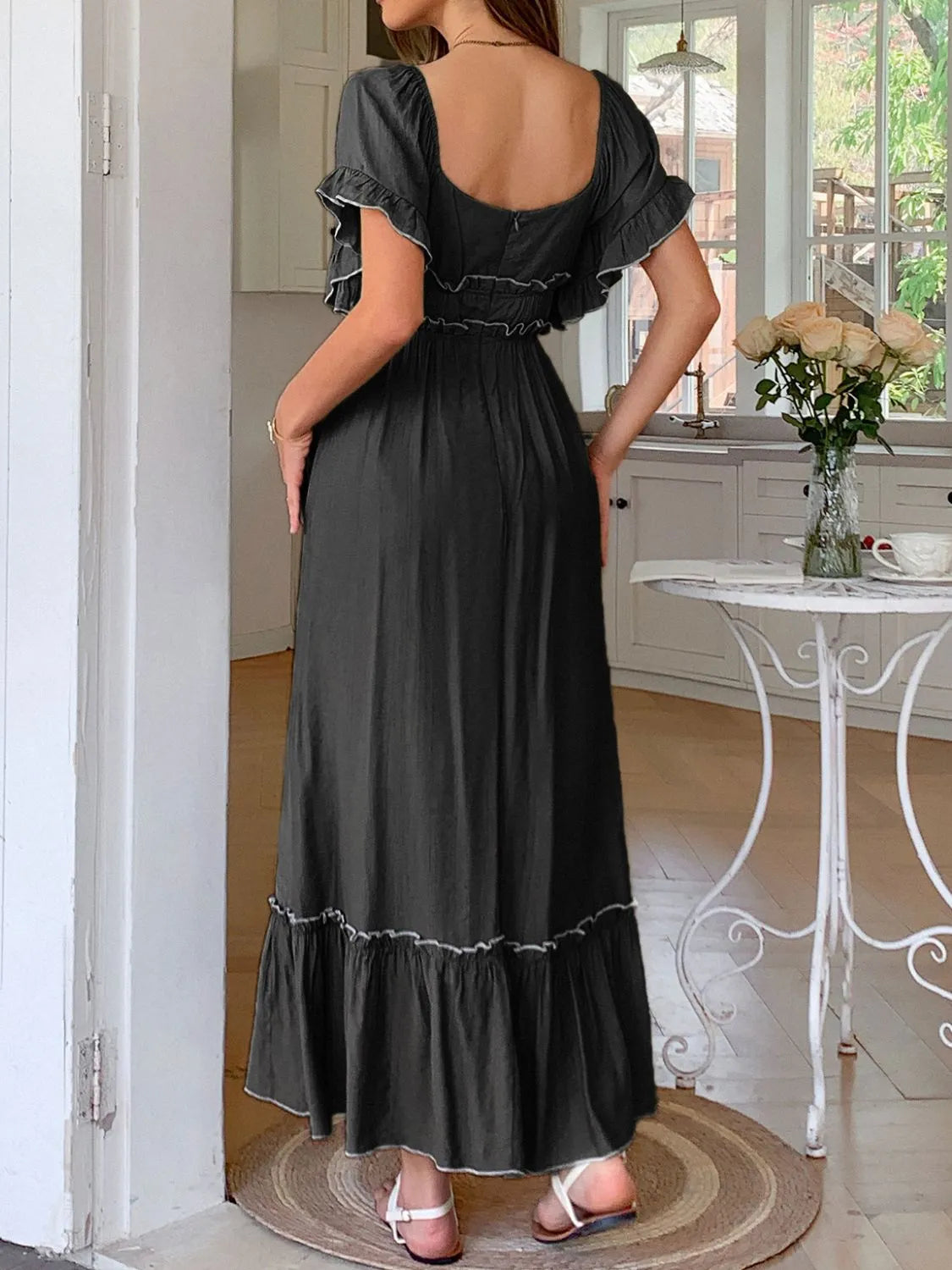 Square Neck Puff Sleeve Ruffle Trim Maxi Dress - Grace Beauty H&C 