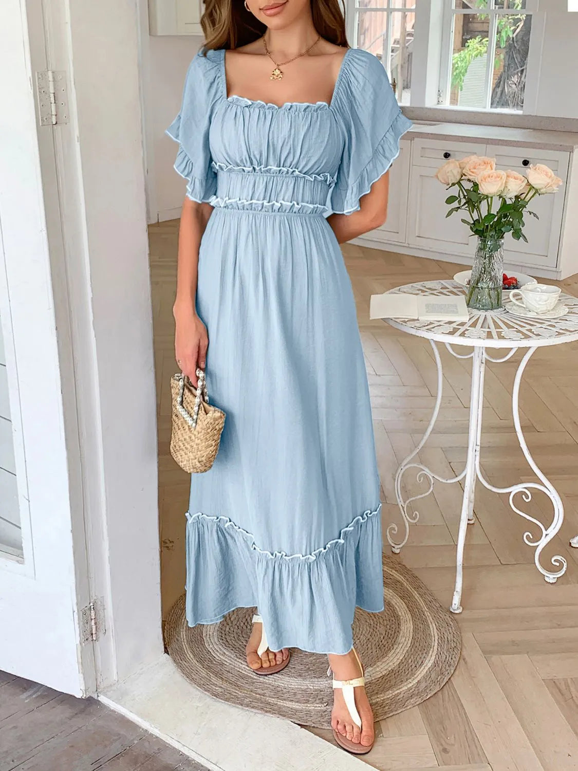 Square Neck Puff Sleeve Ruffle Trim Maxi Dress - Grace Beauty H&C 