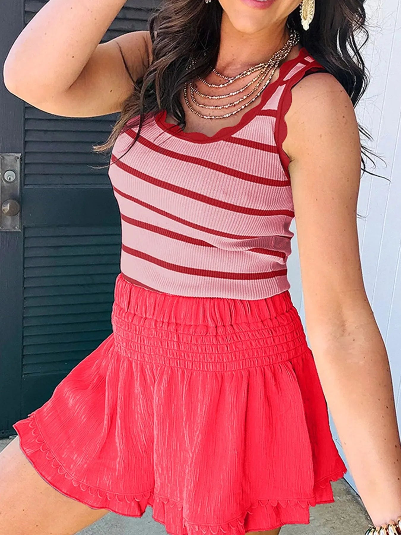 Stripe Scalloped Edge Crew Neck Knit Tank Top - Grace Beauty H&C 