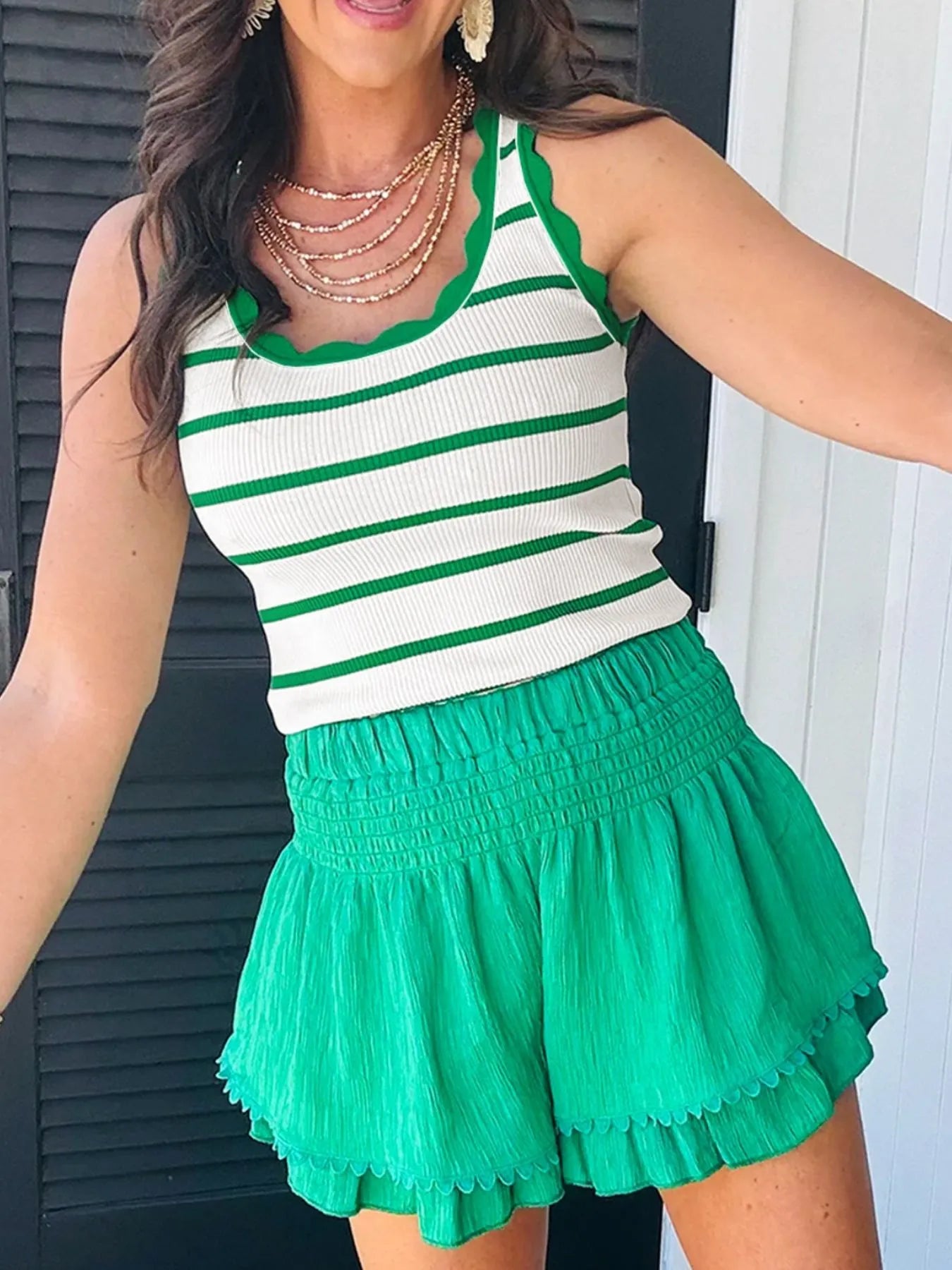 Stripe Scalloped Edge Crew Neck Knit Tank Top - Grace Beauty H&C 