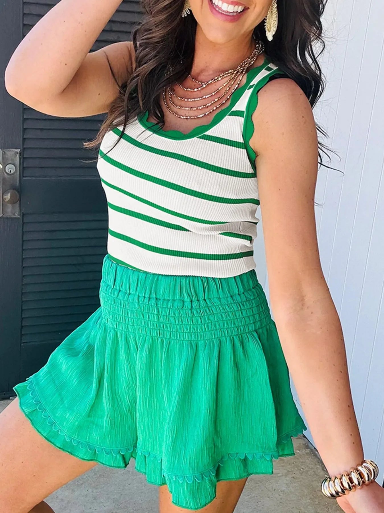 Stripe Scalloped Edge Crew Neck Knit Tank Top - Grace Beauty H&C 