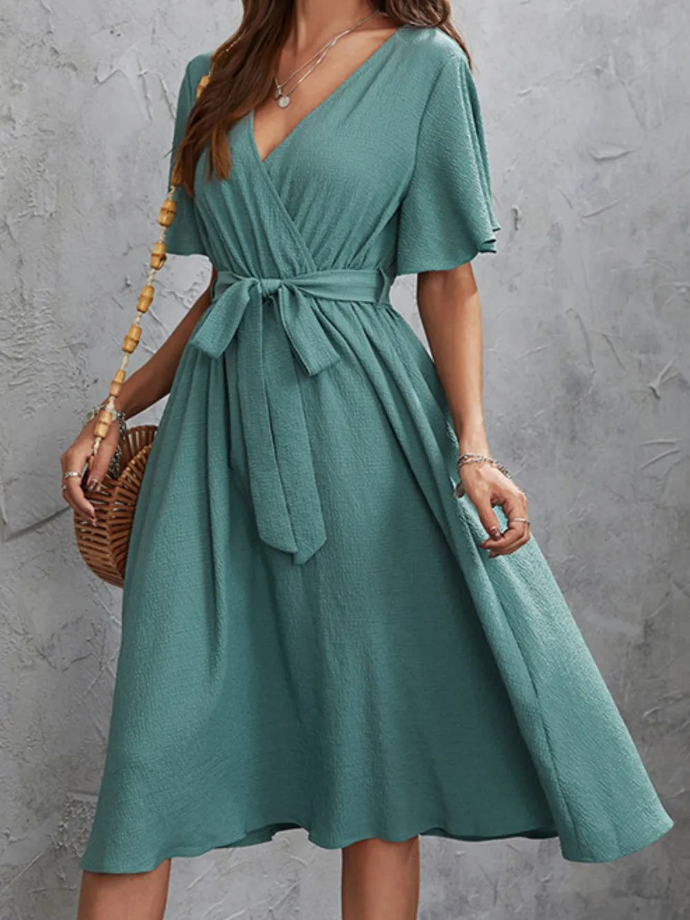 Surplice Flutter Sleeve Midi Dress - Grace Beauty H&C 
