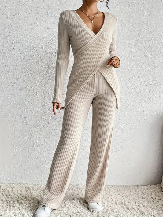 Surplice Long Sleeve Top and Pants Set - Grace Beauty H&C 