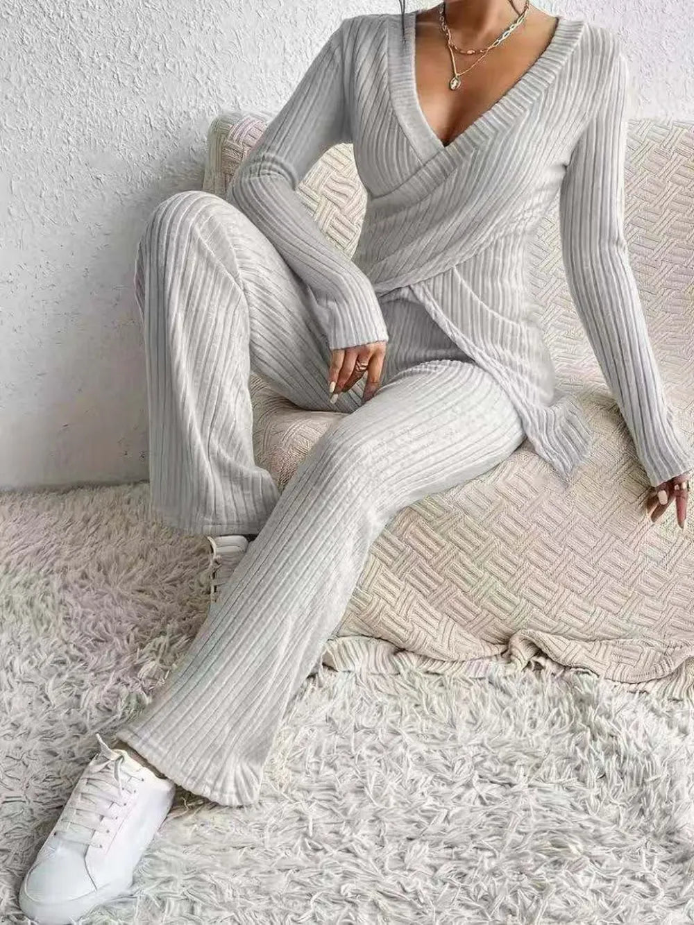 Surplice Long Sleeve Top and Pants Set - Grace Beauty H&C 