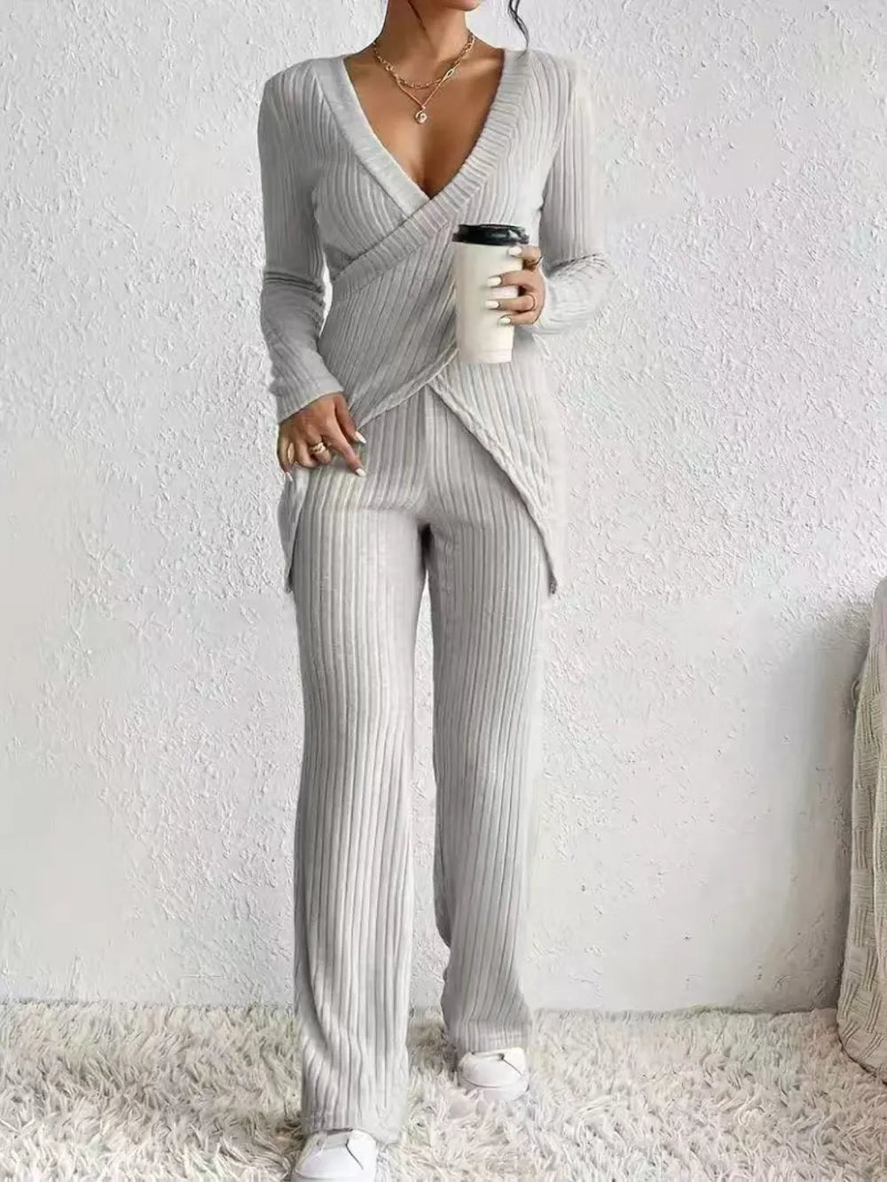 Surplice Long Sleeve Top and Pants Set - Grace Beauty H&C 