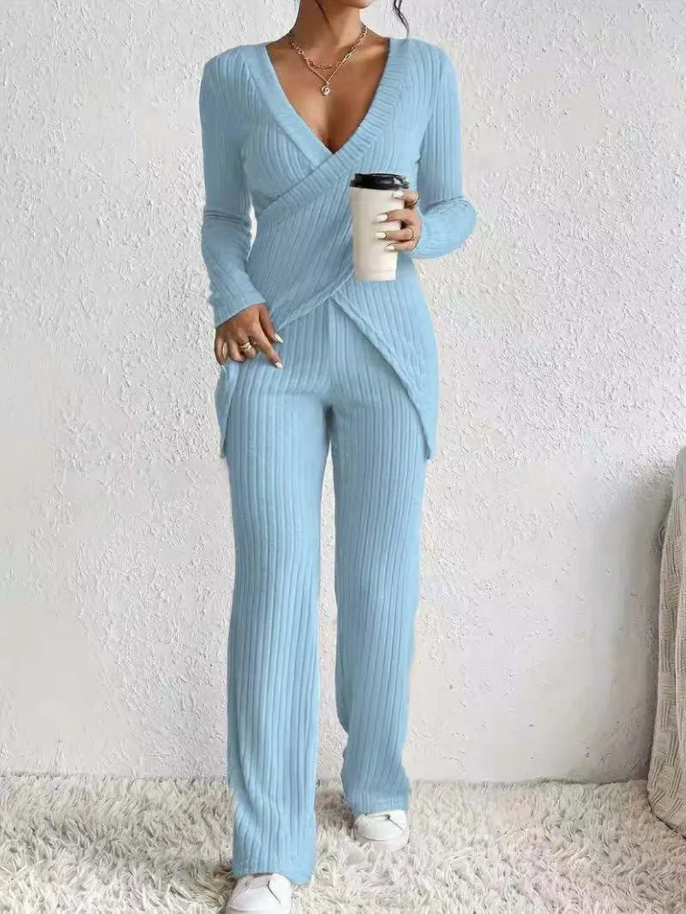 Surplice Long Sleeve Top and Pants Set - Grace Beauty H&C 