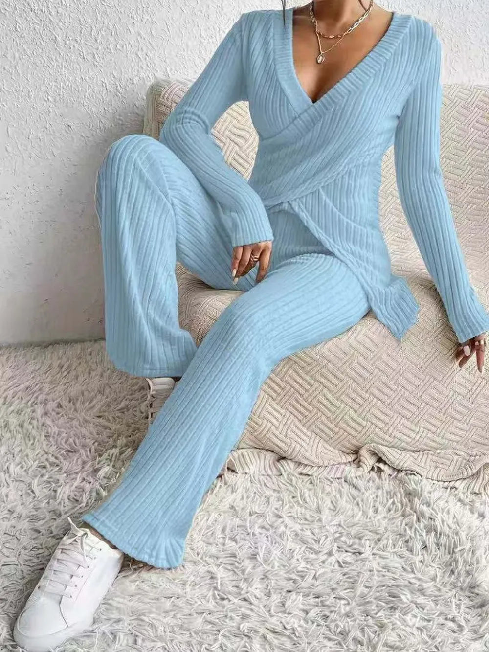 Surplice Long Sleeve Top and Pants Set - Grace Beauty H&C 