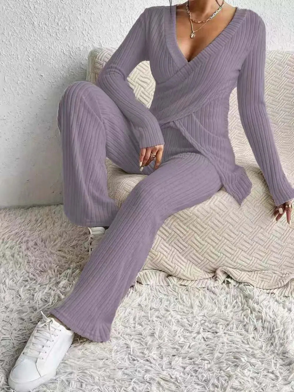 Surplice Long Sleeve Top and Pants Set - Grace Beauty H&C 