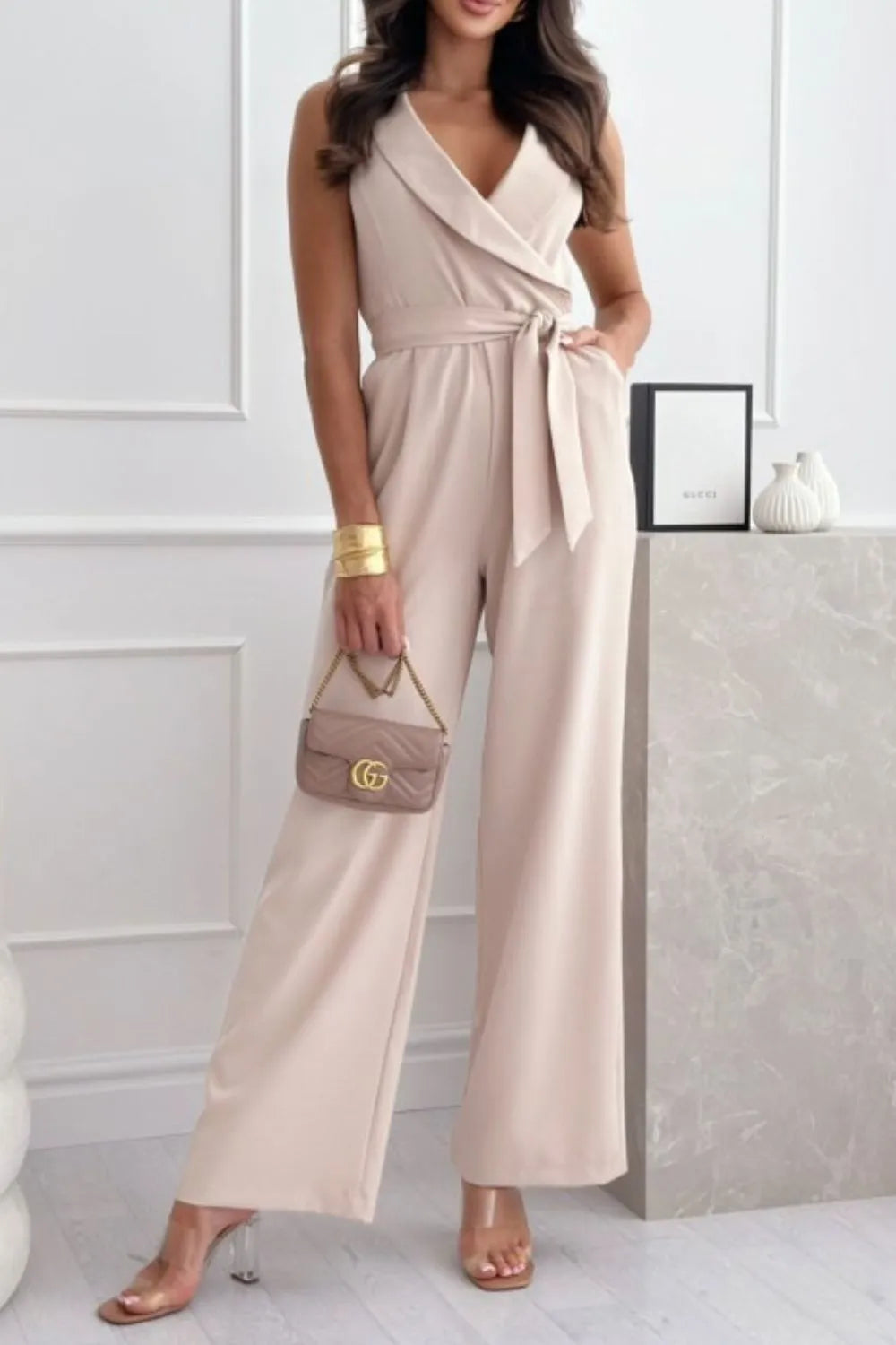 Surplice Sleeveless Wide Leg Jumpsuit – Chic One-Piece Outfit - Grace Beauty H&C 