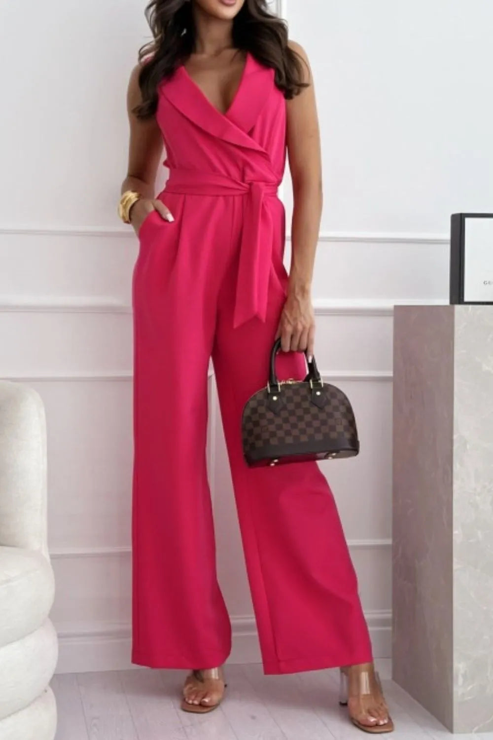 Surplice Sleeveless Wide Leg Jumpsuit – Chic One-Piece Outfit - Grace Beauty H&C 