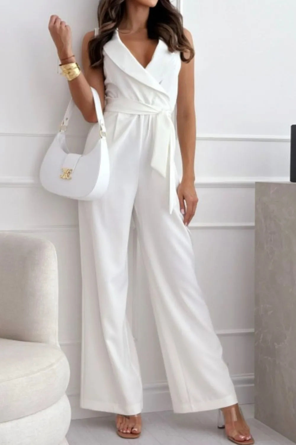 Surplice Sleeveless Wide Leg Jumpsuit – Chic One-Piece Outfit - Grace Beauty H&C 