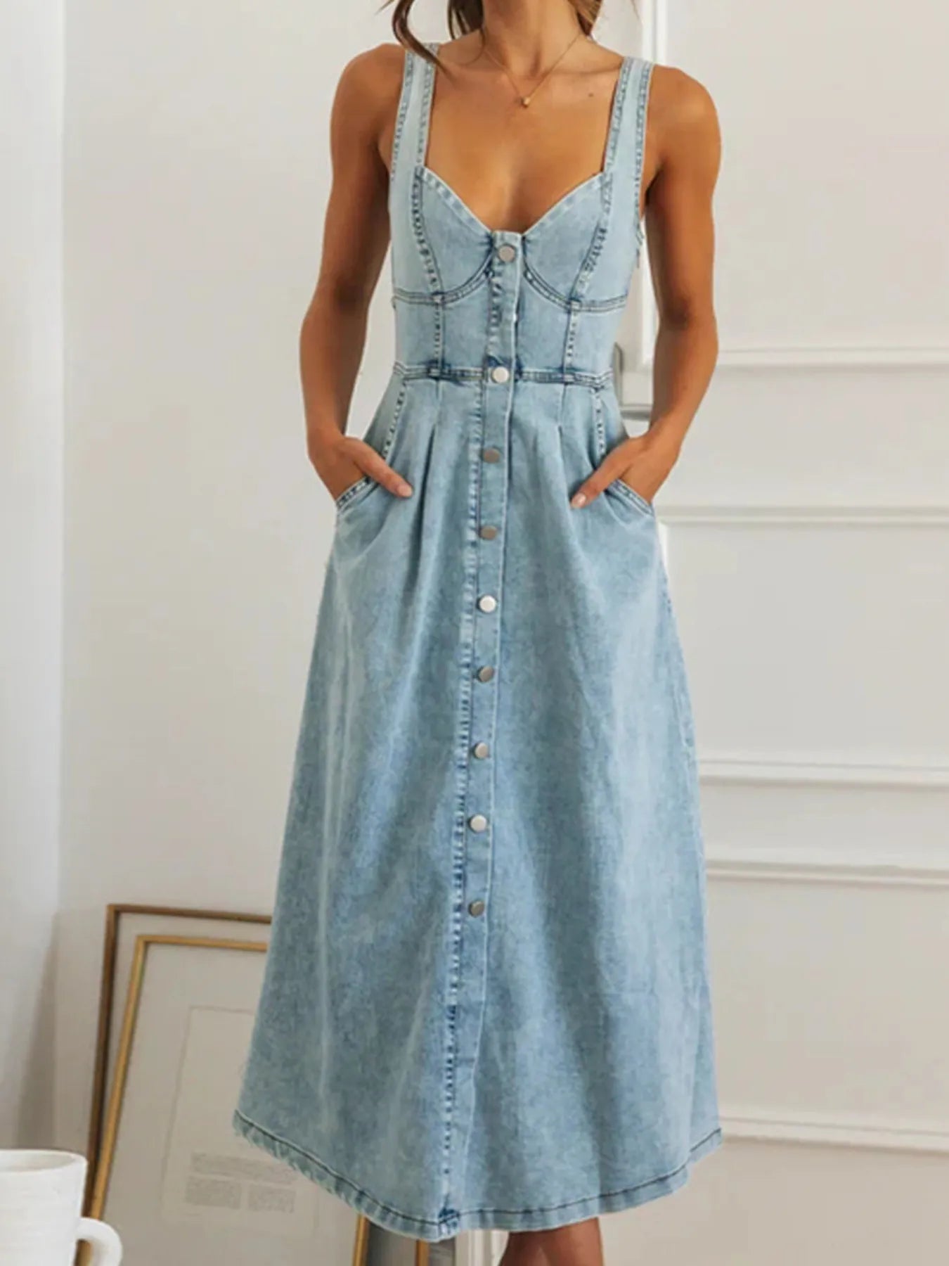 Sweetheart Neck Button-Front Midi Denim Dress - Grace Beauty H&C 