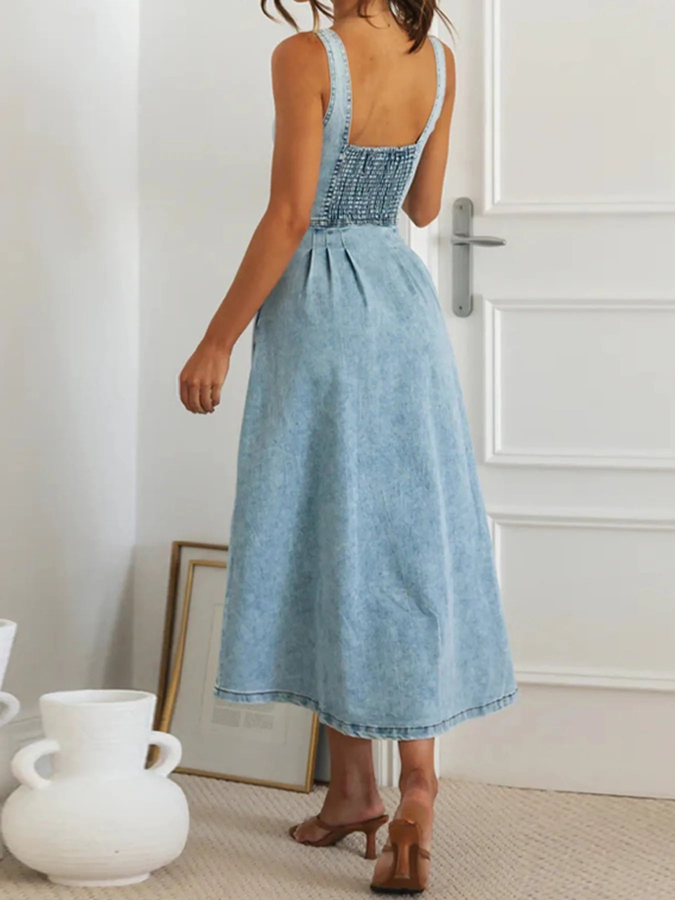 Sweetheart Neck Button-Front Midi Denim Dress - Grace Beauty H&C 